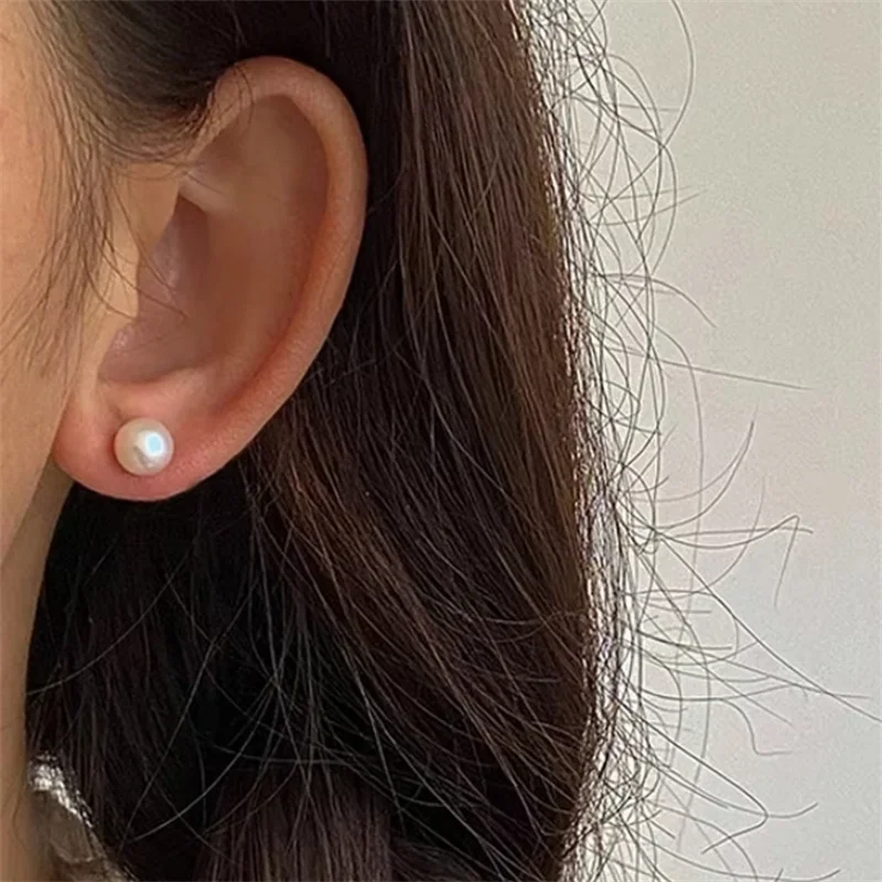 Senlissi- Genuine FreshWater Pearl Stud Earrings For Women 7-8-9 White Pink Pearls 925 Sterling Silver 18K Female Party Jewelry