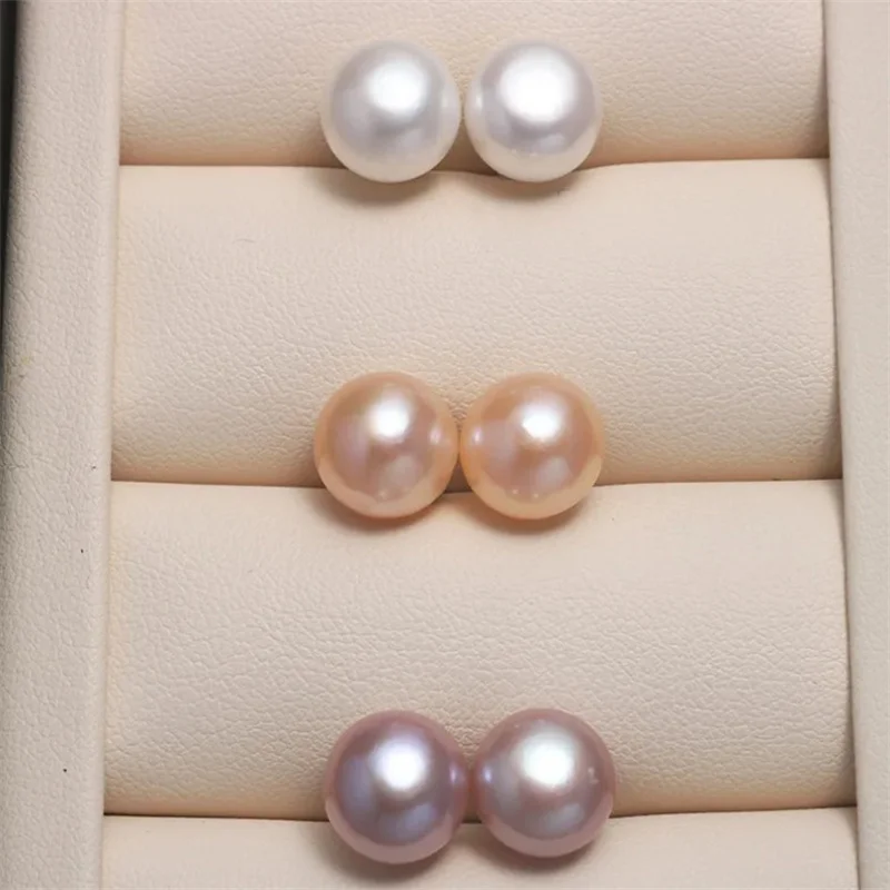 Senlissi- Genuine FreshWater Pearl Stud Earrings For Women 7-8-9 White Pink Pearls 925 Sterling Silver 18K Female Party Jewelry