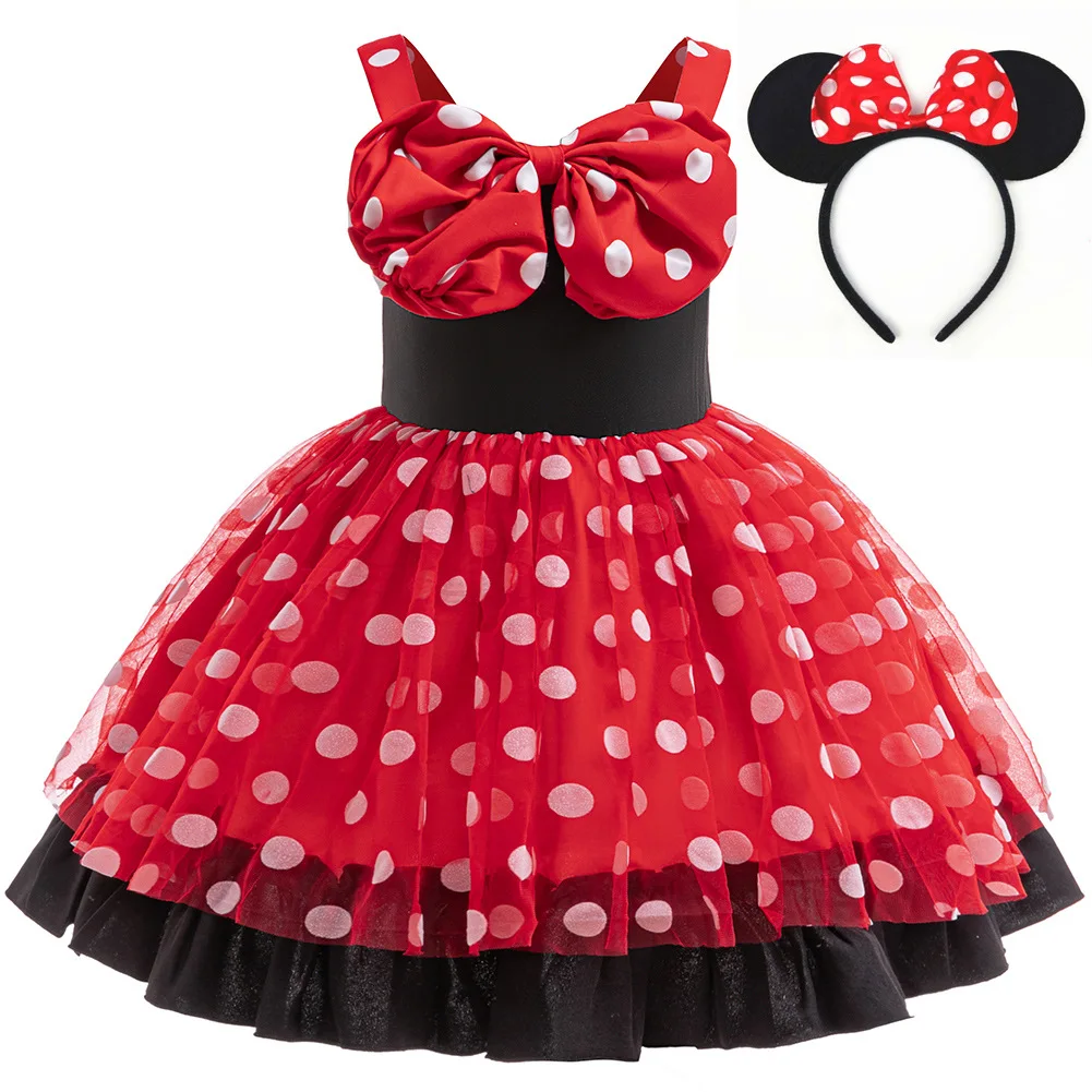 Children's Day Girls Cute Princess Dress WIith Bowknot Headband Kids Minni Polka Dot Gown For Birthday Party Carnival Costume