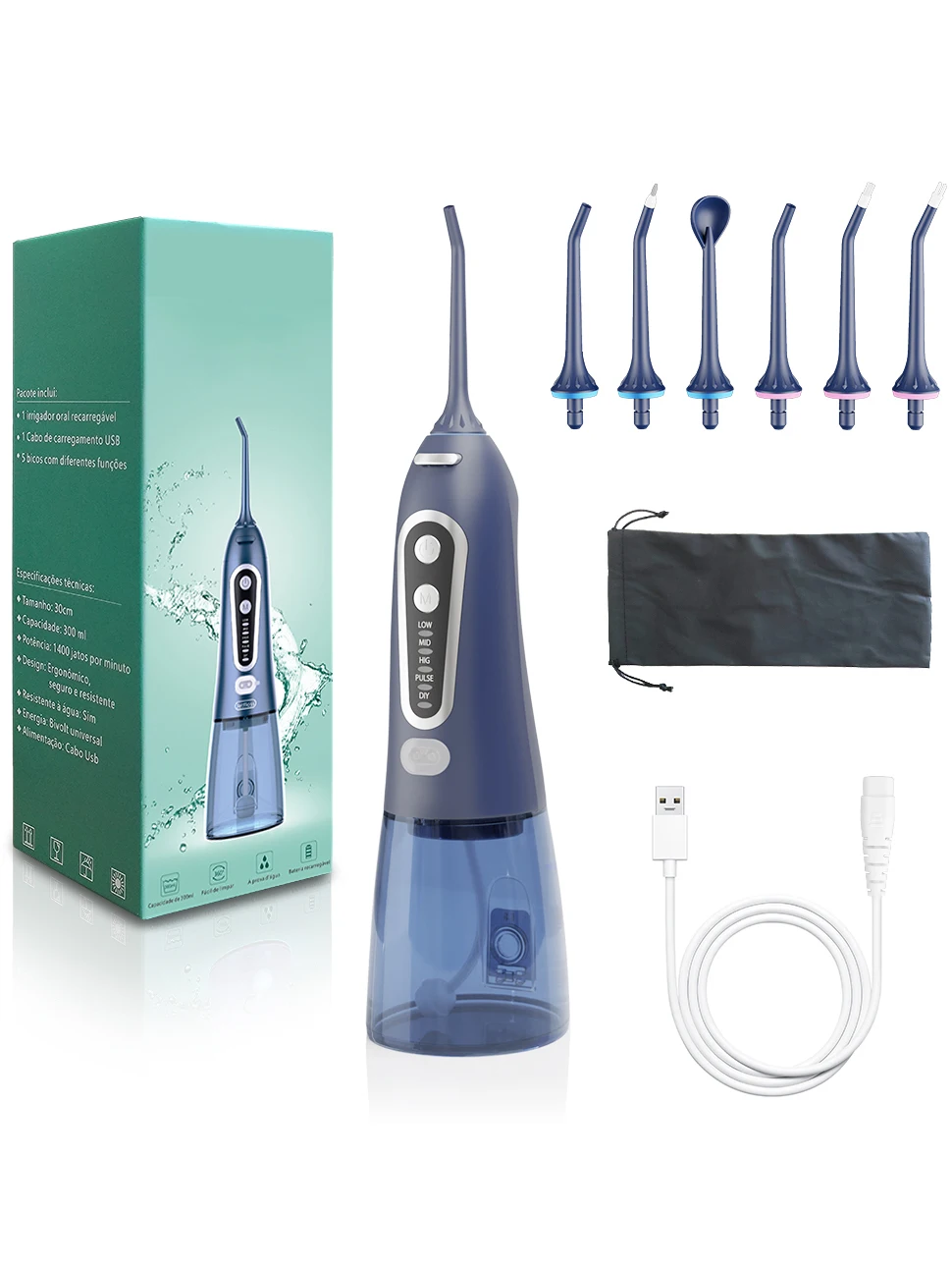 Oral Irrigator With Travel Bag Portable Water Flosser USB Rechargeable 6 Nozzles 300ml Water Tank Waterproof Dental Water Jet