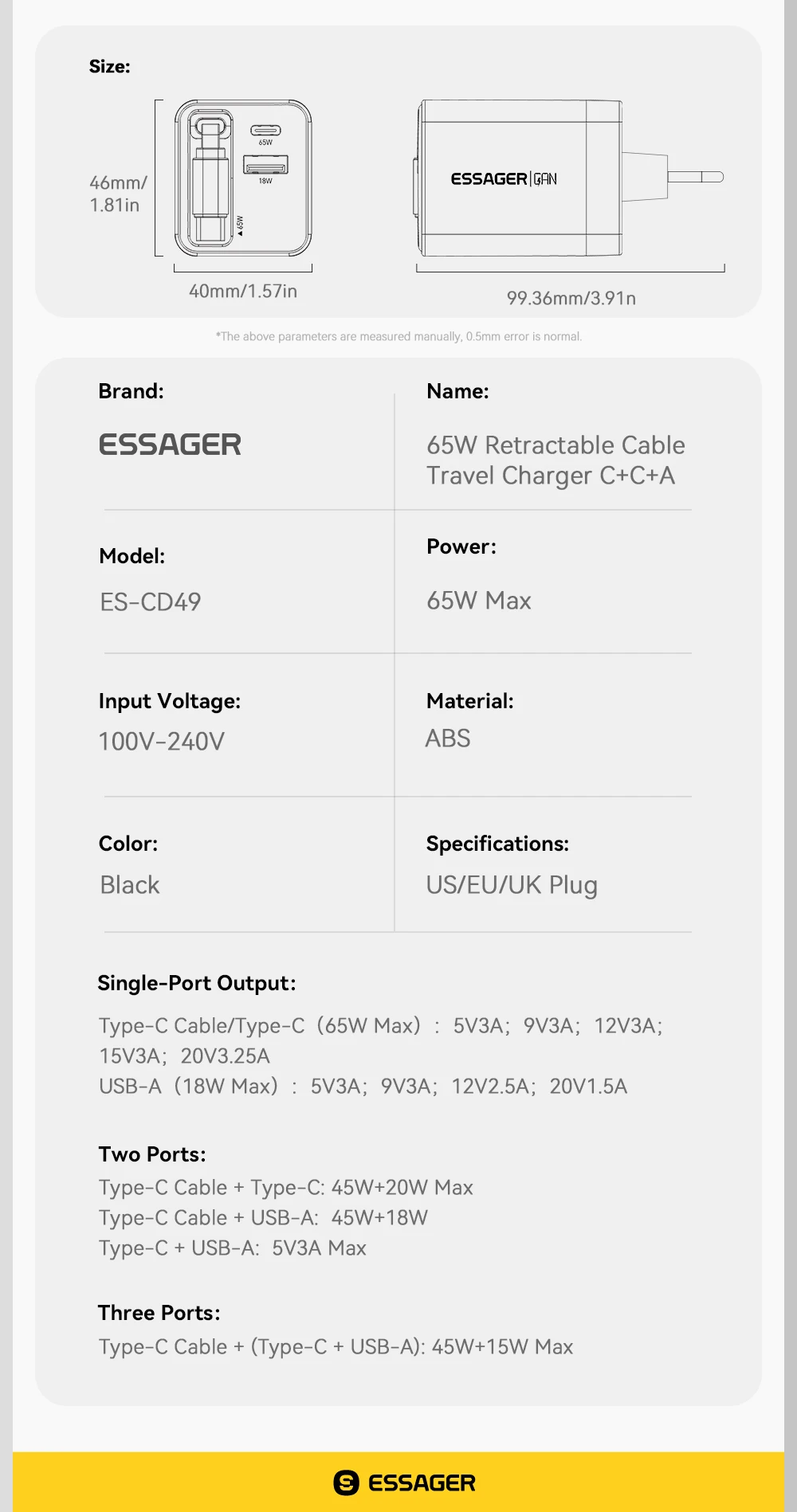 Essager 65W GaN Charger with Retractable Cable PD Fast Charging for Laptop Macbook iPhone 17 16 15 Xiaomi Type-C Phone Charger