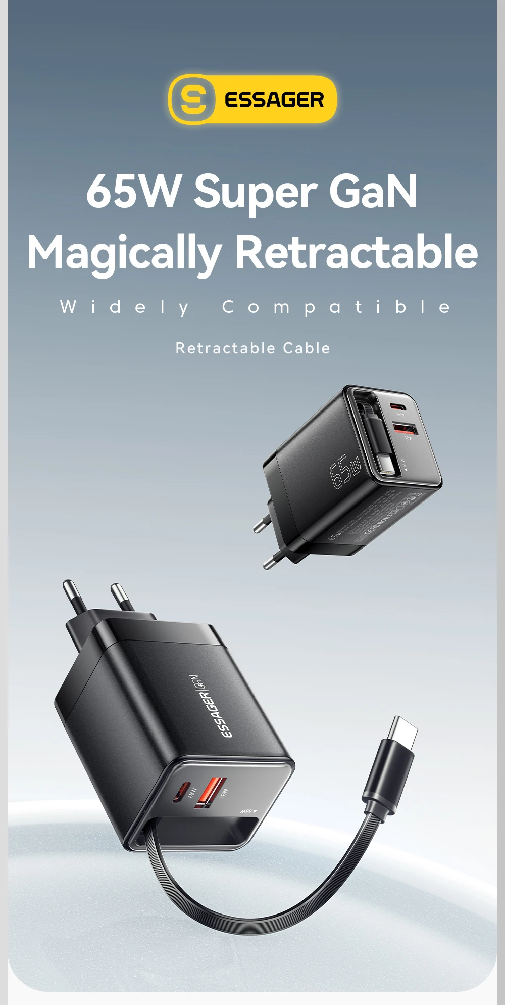 Essager 65W GaN Charger with Retractable Cable PD Fast Charging for Laptop Macbook iPhone 17 16 15 Xiaomi Type-C Phone Charger
