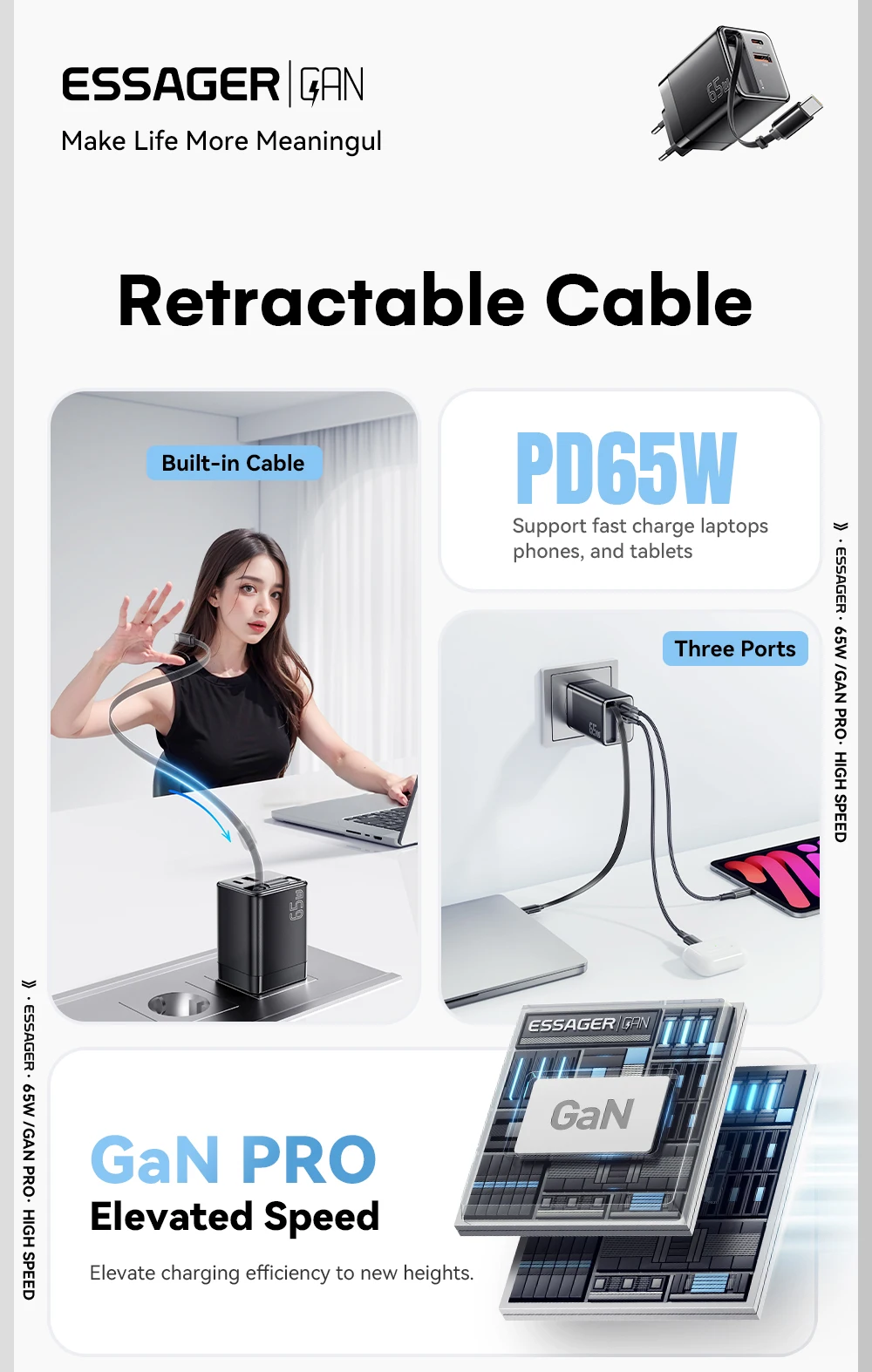 Essager 65W GaN Charger with Retractable Cable PD Fast Charging for Laptop Macbook iPhone 17 16 15 Xiaomi Type-C Phone Charger