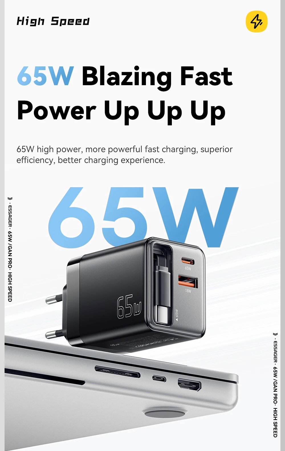 Essager 65W GaN Charger with Retractable Cable PD Fast Charging for Laptop Macbook iPhone 17 16 15 Xiaomi Type-C Phone Charger