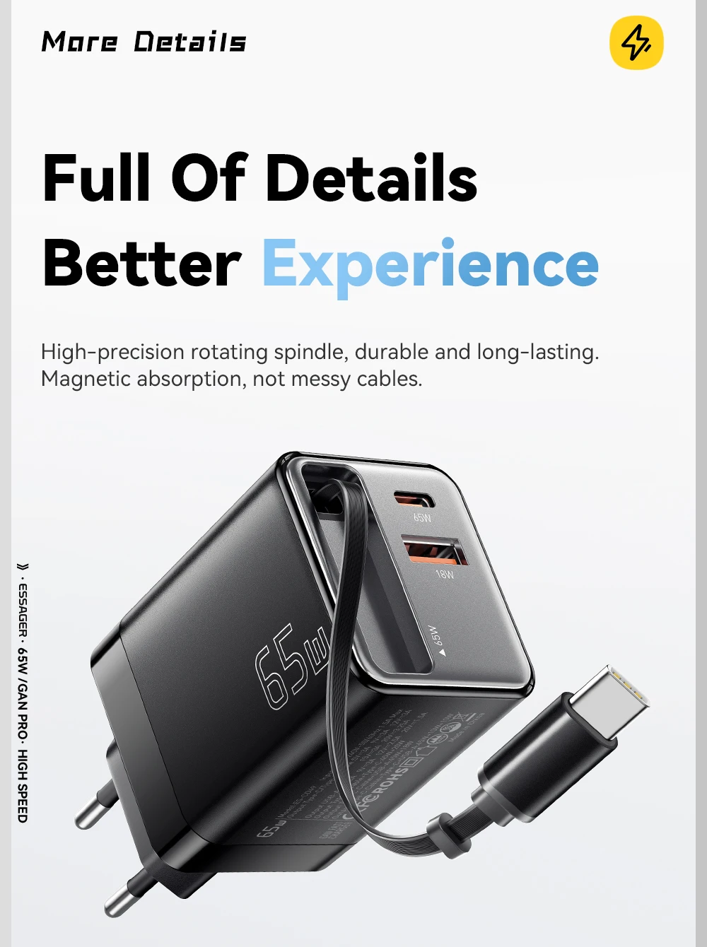 Essager 65W GaN Charger with Retractable Cable PD Fast Charging for Laptop Macbook iPhone 17 16 15 Xiaomi Type-C Phone Charger