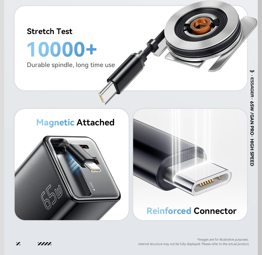 Essager 65W GaN Charger with Retractable Cable PD Fast Charging for Laptop Macbook iPhone 17 16 15 Xiaomi Type-C Phone Charger