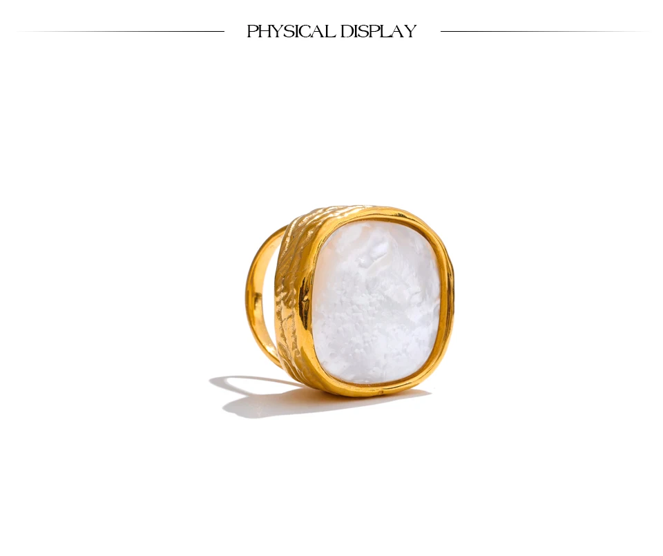 Yhpup Thicker Shell Stone Adjustable Open Ring 2025 Stainless Steel Cast Fashion Exclusive Finger Jewelry 18K PVD Plated