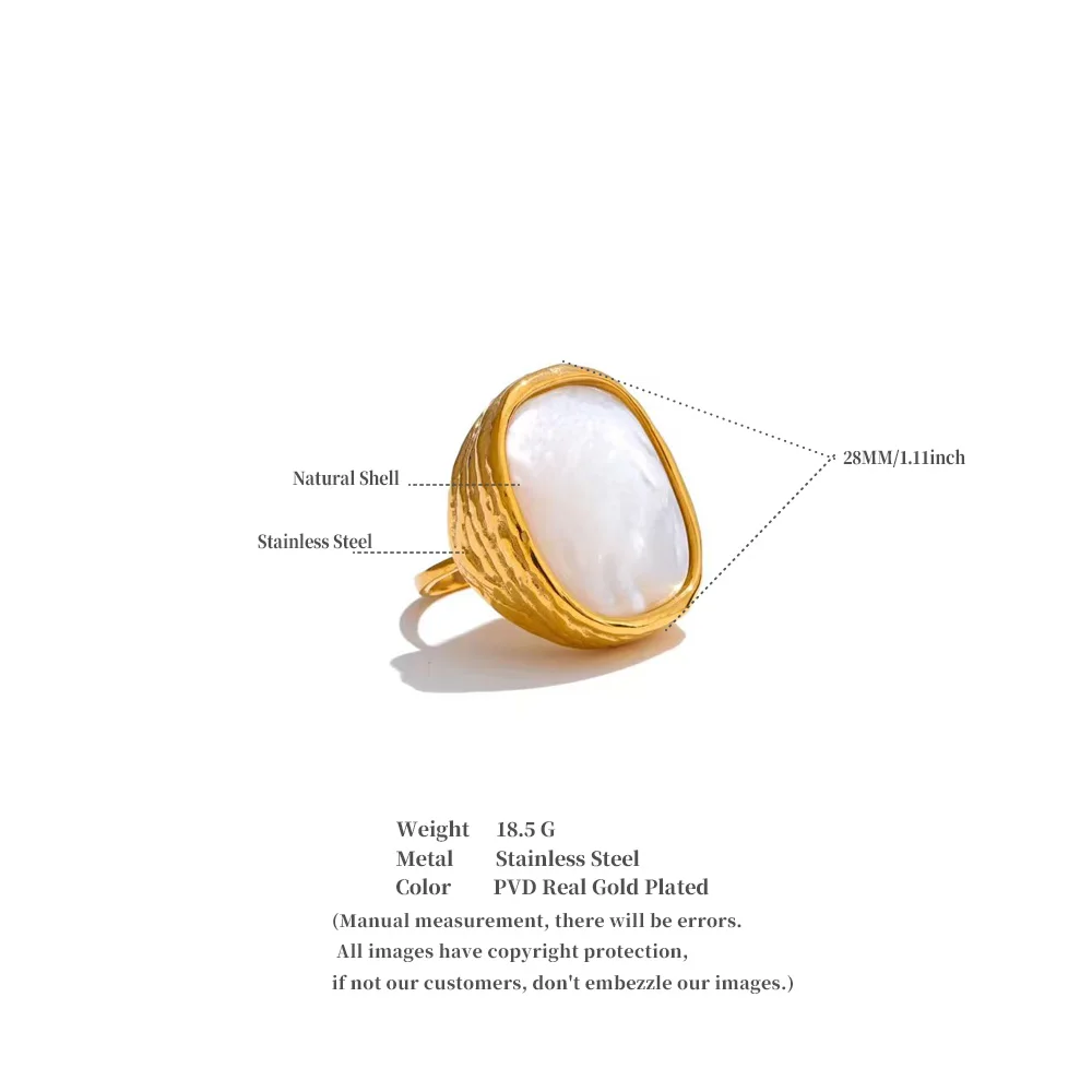 Yhpup Thicker Shell Stone Adjustable Open Ring 2025 Stainless Steel Cast Fashion Exclusive Finger Jewelry 18K PVD Plated