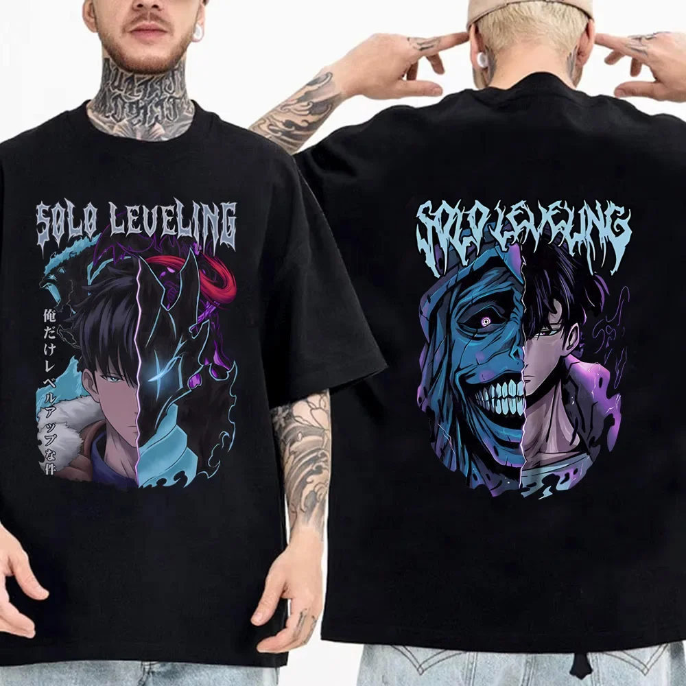 Hot Solo Leveling Statue of God Shirt Sung Jinwoo Shirt Anime Graphic Tees Anime High Quality Cotton T Shirt Tops Streetwear