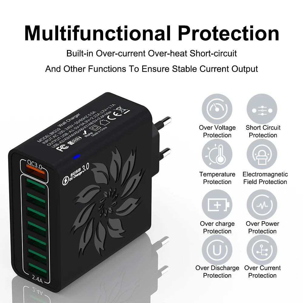 8 Ports USB Charger QC 5.0 Fast Charging EU US KR Plug 65W Fast Charger Power Adapter For iPhone 15 Xiaomi Samsung Wall Charger