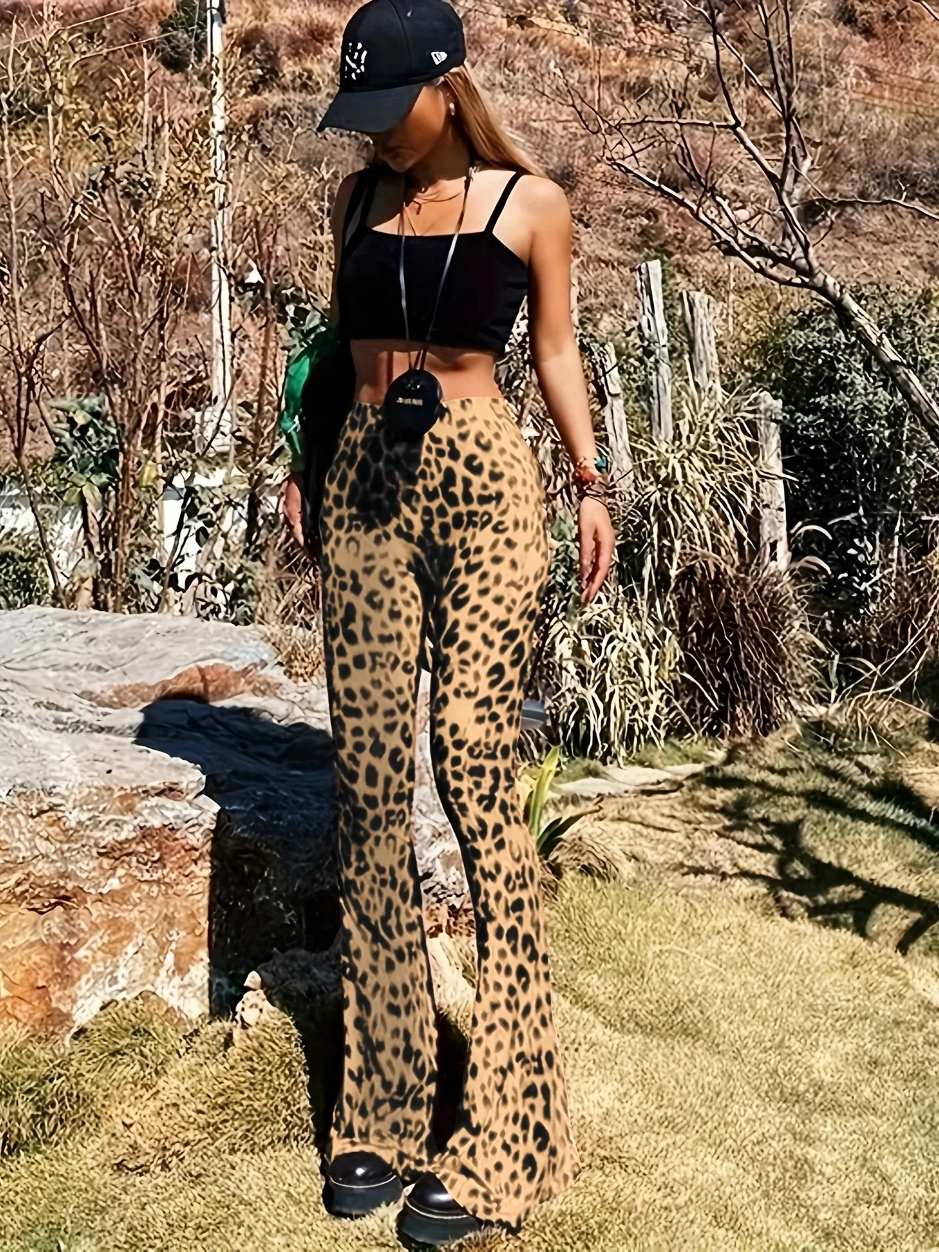 New High Waist Leopard Print Flare Pants Women's Stretchy Casual Streetwear Tummy Control Bootcut Trousers Elastic Waistband