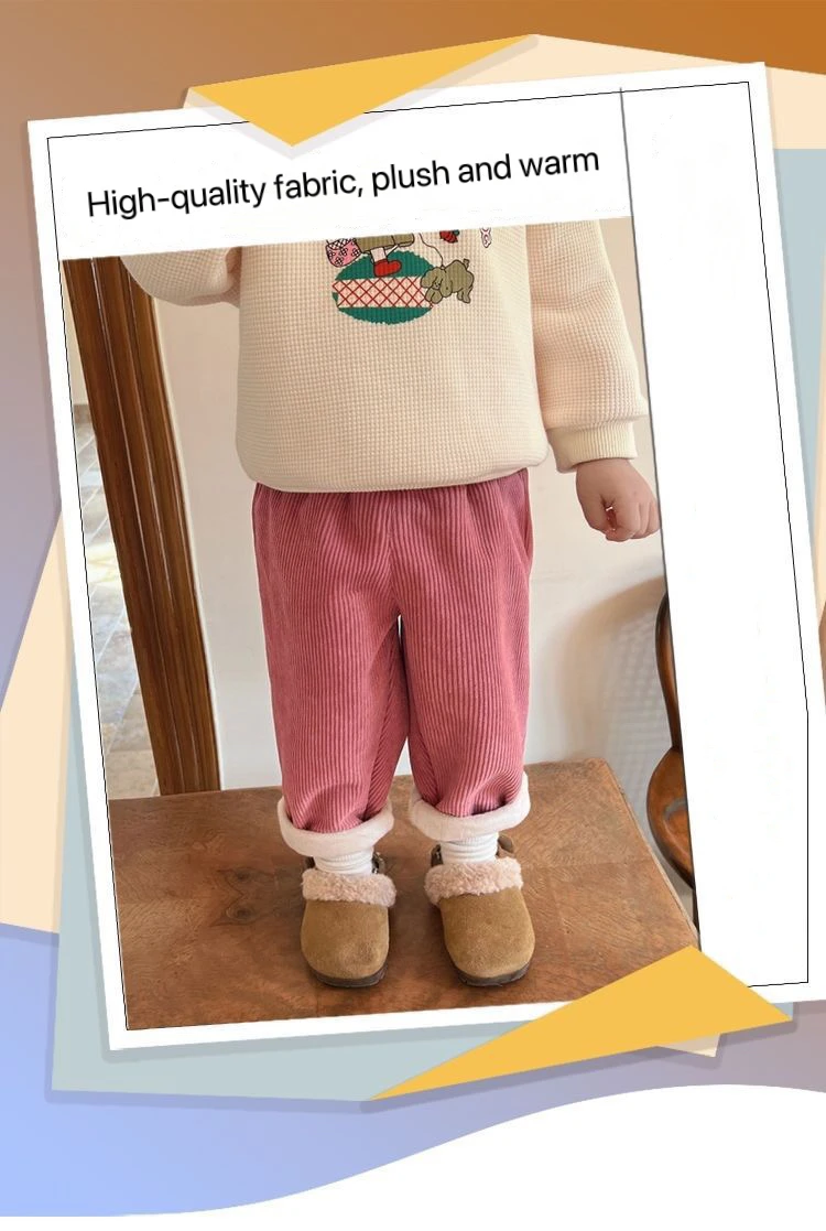 1pcs Boys Girls Winter Velvet Corduroy Kid Pants Little Bear Cartoon Mid Waist Warm Pantalone Baggy Thick Plush Children Trouser
