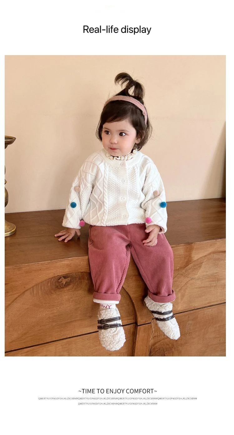 1pcs Boys Girls Winter Velvet Corduroy Kid Pants Little Bear Cartoon Mid Waist Warm Pantalone Baggy Thick Plush Children Trouser