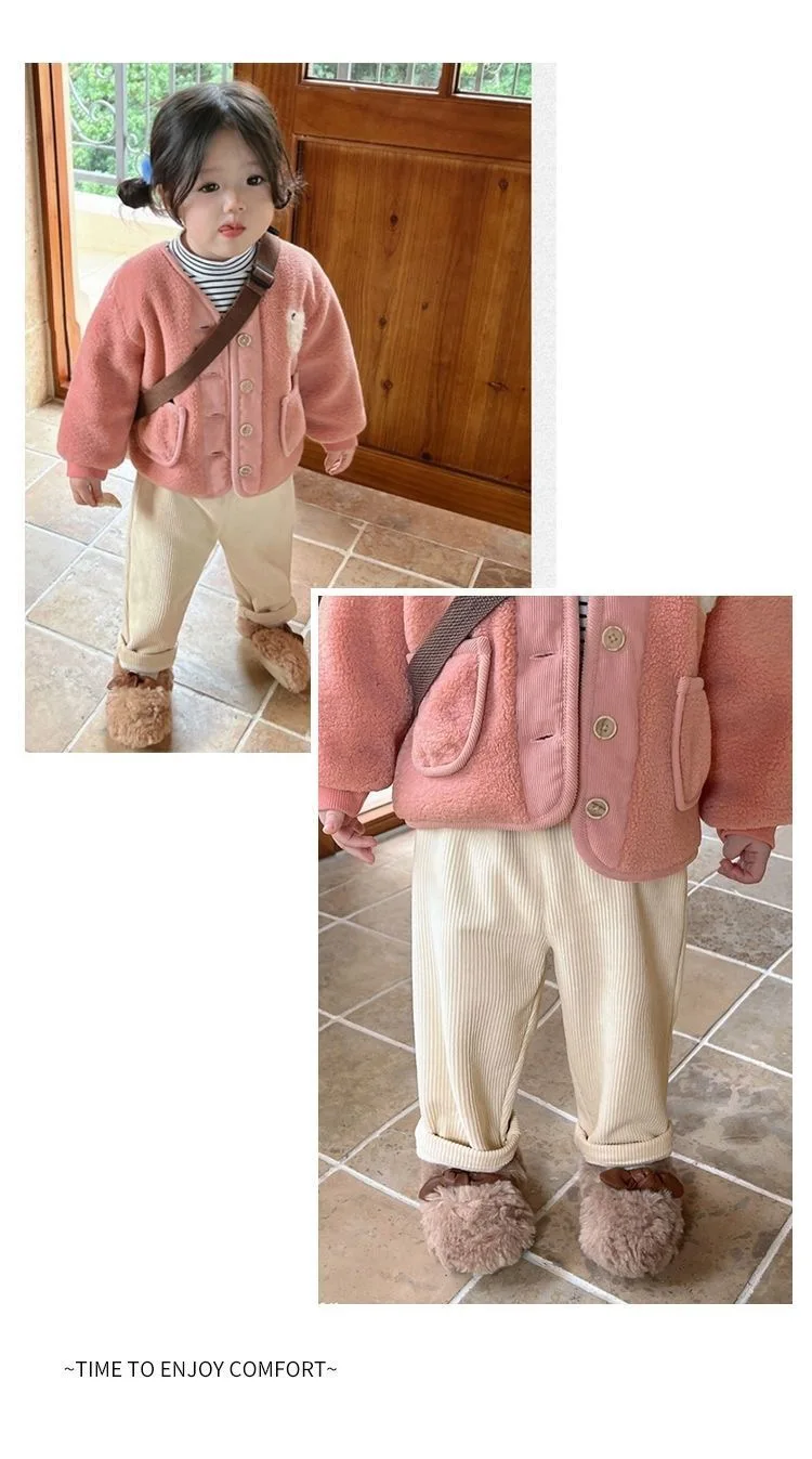 1pcs Boys Girls Winter Velvet Corduroy Kid Pants Little Bear Cartoon Mid Waist Warm Pantalone Baggy Thick Plush Children Trouser