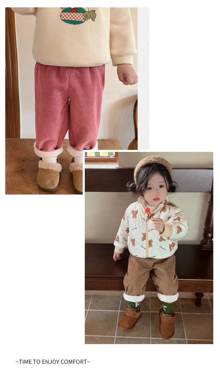 1pcs Boys Girls Winter Velvet Corduroy Kid Pants Little Bear Cartoon Mid Waist Warm Pantalone Baggy Thick Plush Children Trouser