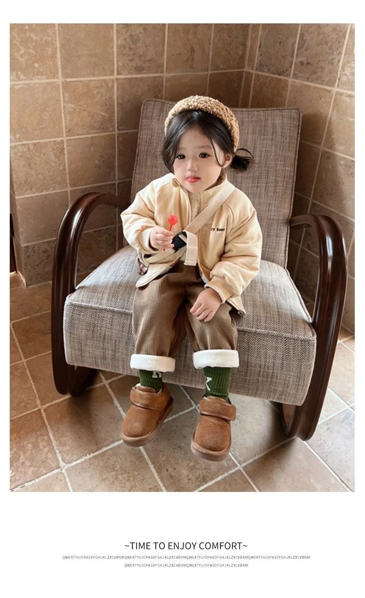 1pcs Boys Girls Winter Velvet Corduroy Kid Pants Little Bear Cartoon Mid Waist Warm Pantalone Baggy Thick Plush Children Trouser
