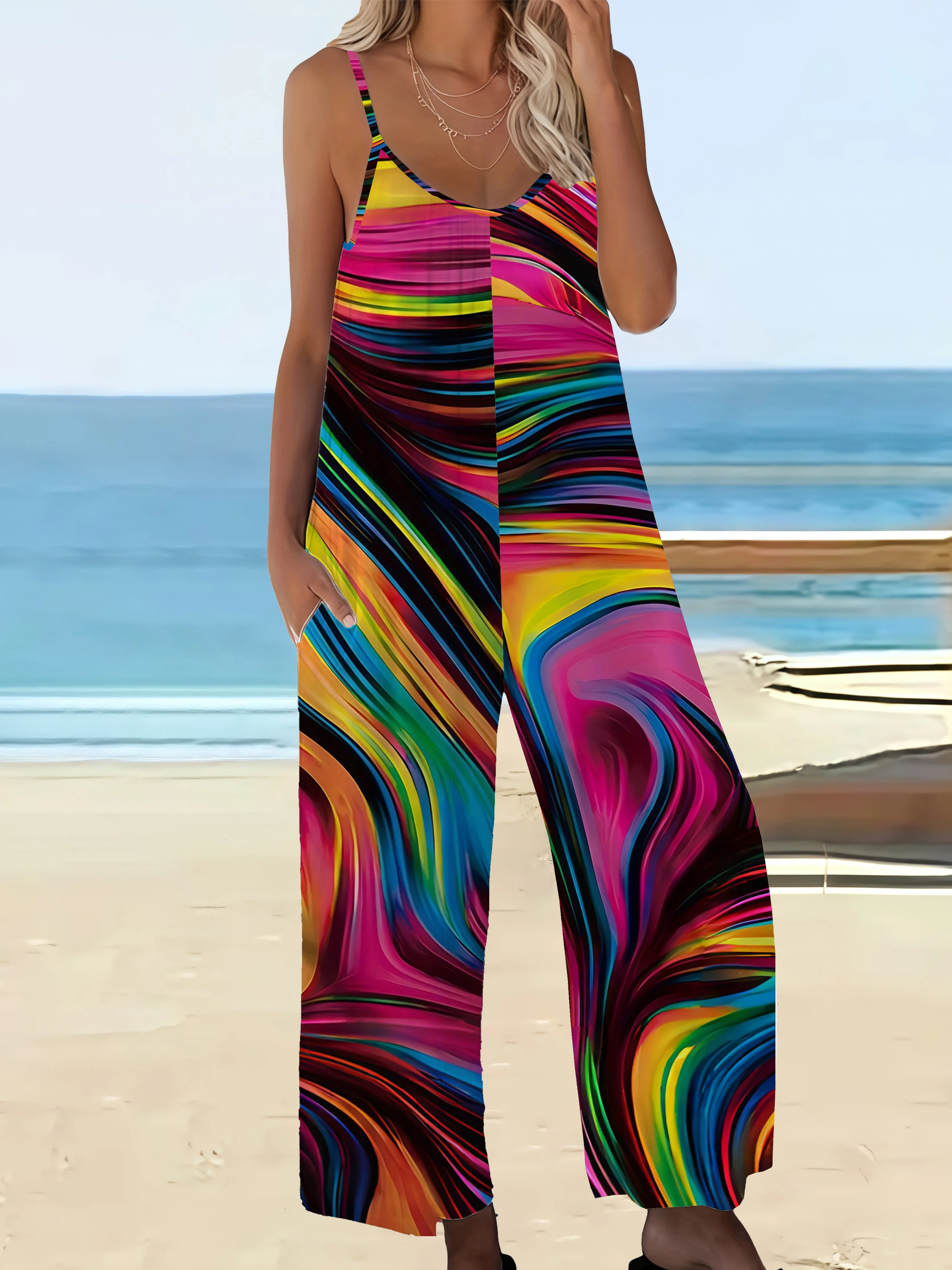 Boho Print Elegant Loose Fit Plus Size Jumpsuit with Pockets - Stylish Women's Romper