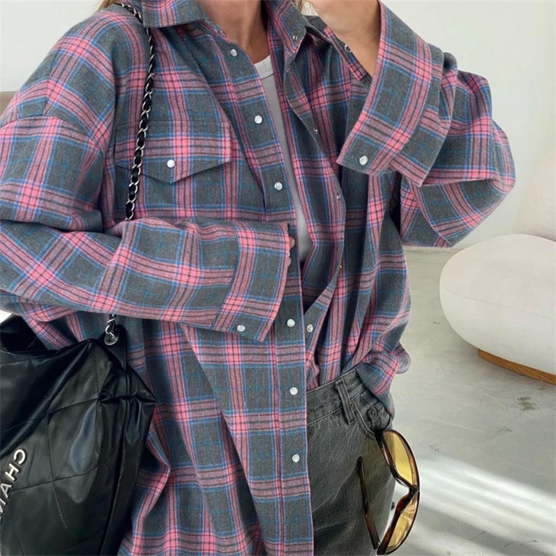 Vintage Plaid Blouse Women Spring Summer Korean Pocket Long Sleeve Lapel Shirt Fashion Streetwear Y2K Clothes 2026 Oversize Tops