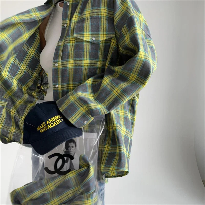 Vintage Plaid Blouse Women Spring Summer Korean Pocket Long Sleeve Lapel Shirt Fashion Streetwear Y2K Clothes 2026 Oversize Tops