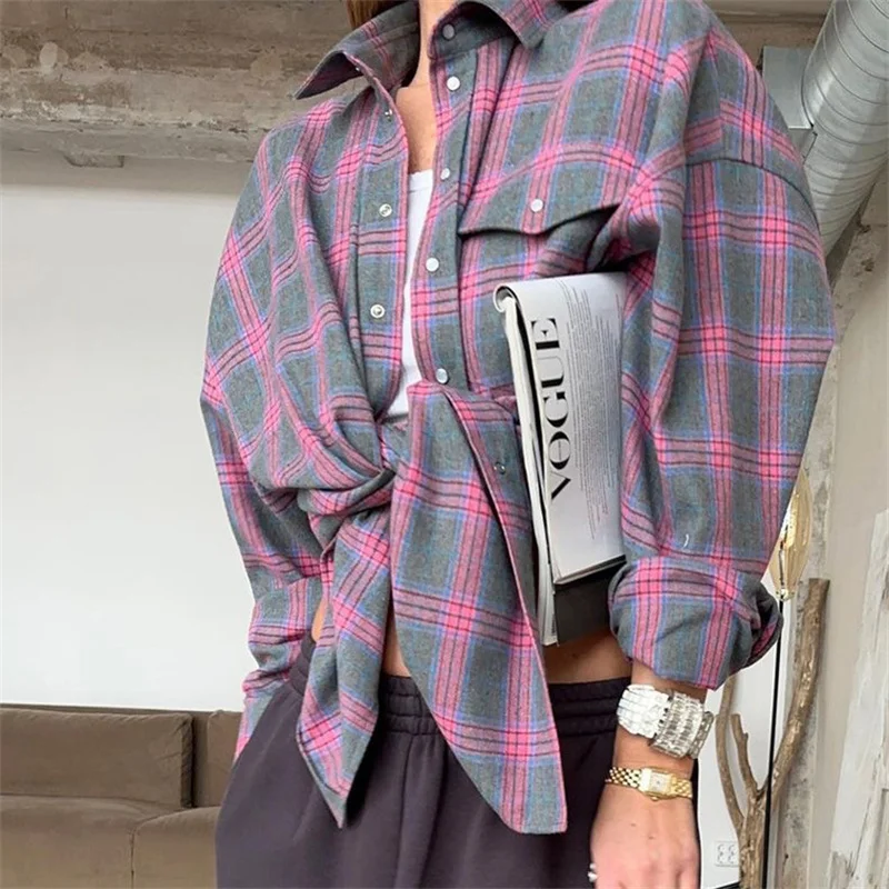 Vintage Plaid Blouse Women Spring Summer Korean Pocket Long Sleeve Lapel Shirt Fashion Streetwear Y2K Clothes 2026 Oversize Tops
