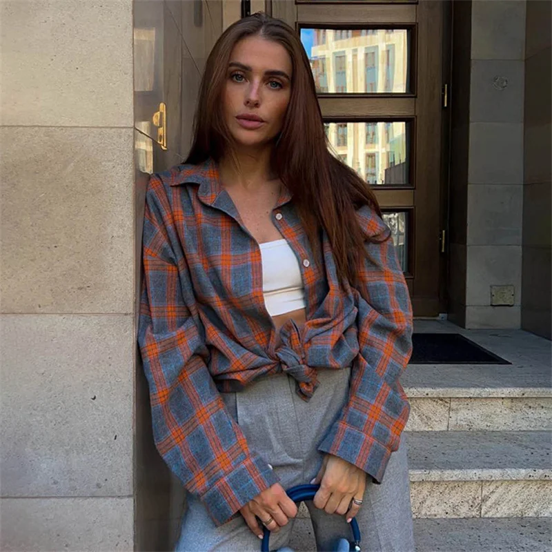 Vintage Plaid Blouse Women Spring Summer Korean Pocket Long Sleeve Lapel Shirt Fashion Streetwear Y2K Clothes 2026 Oversize Tops