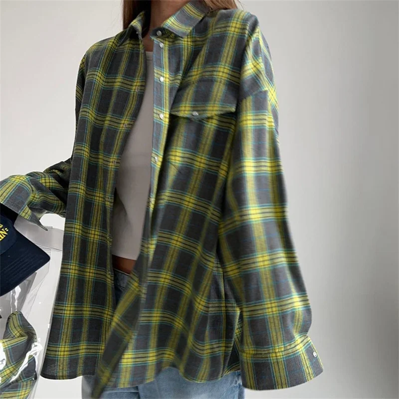 Vintage Plaid Blouse Women Spring Summer Korean Pocket Long Sleeve Lapel Shirt Fashion Streetwear Y2K Clothes 2026 Oversize Tops