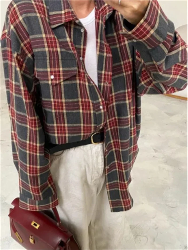 Vintage Plaid Blouse Women Spring Summer Korean Pocket Long Sleeve Lapel Shirt Fashion Streetwear Y2K Clothes 2026 Oversize Tops