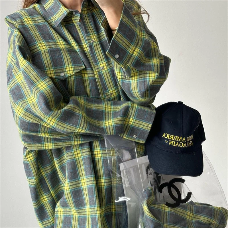 Vintage Plaid Blouse Women Spring Summer Korean Pocket Long Sleeve Lapel Shirt Fashion Streetwear Y2K Clothes 2026 Oversize Tops
