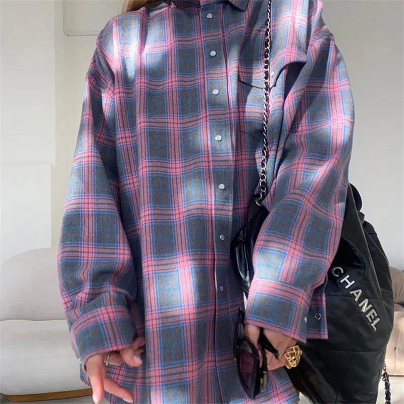 Vintage Plaid Blouse Women Spring Summer Korean Pocket Long Sleeve Lapel Shirt Fashion Streetwear Y2K Clothes 2026 Oversize Tops