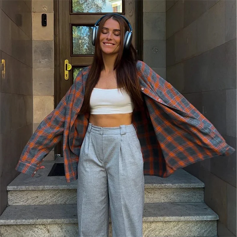 Vintage Plaid Blouse Women Spring Summer Korean Pocket Long Sleeve Lapel Shirt Fashion Streetwear Y2K Clothes 2026 Oversize Tops
