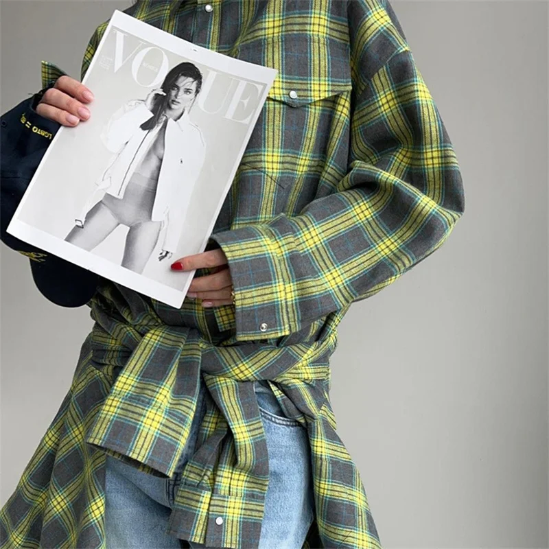 Vintage Plaid Blouse Women Spring Summer Korean Pocket Long Sleeve Lapel Shirt Fashion Streetwear Y2K Clothes 2026 Oversize Tops