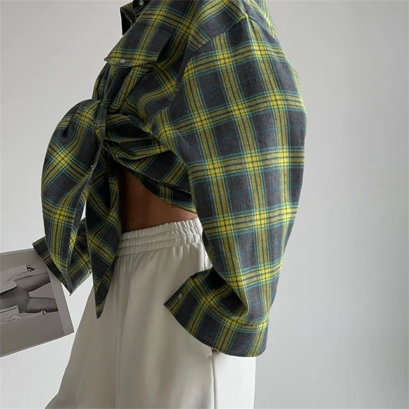 Vintage Plaid Blouse Women Spring Summer Korean Pocket Long Sleeve Lapel Shirt Fashion Streetwear Y2K Clothes 2026 Oversize Tops