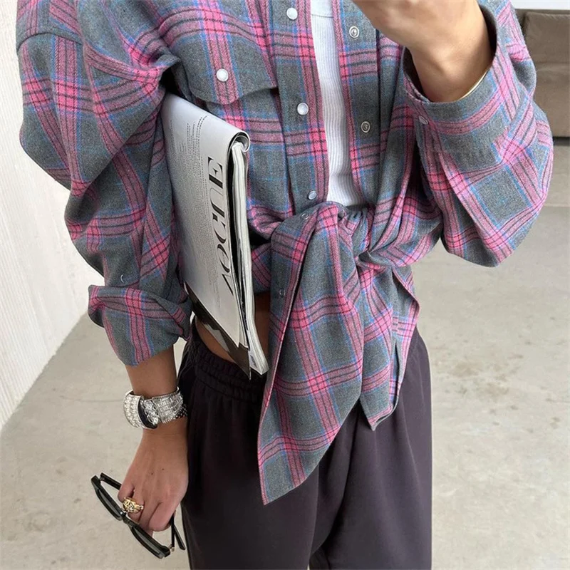 Vintage Plaid Blouse Women Spring Summer Korean Pocket Long Sleeve Lapel Shirt Fashion Streetwear Y2K Clothes 2026 Oversize Tops