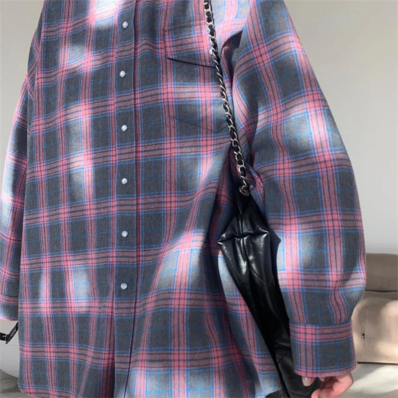 Vintage Plaid Blouse Women Spring Summer Korean Pocket Long Sleeve Lapel Shirt Fashion Streetwear Y2K Clothes 2026 Oversize Tops