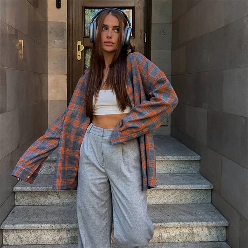 Vintage Plaid Blouse Women Spring Summer Korean Pocket Long Sleeve Lapel Shirt Fashion Streetwear Y2K Clothes 2026 Oversize Tops