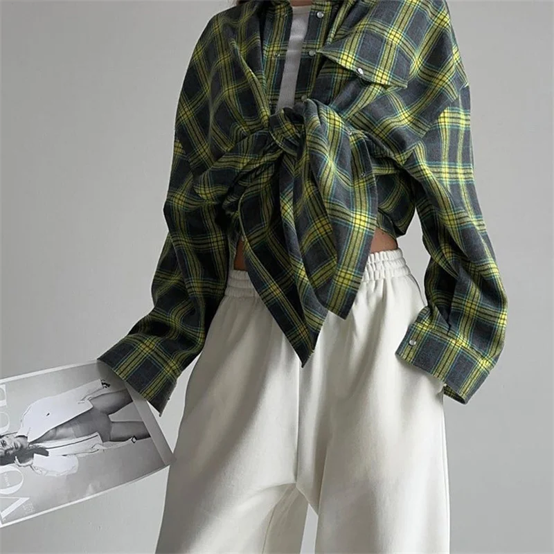 Vintage Plaid Blouse Women Spring Summer Korean Pocket Long Sleeve Lapel Shirt Fashion Streetwear Y2K Clothes 2026 Oversize Tops