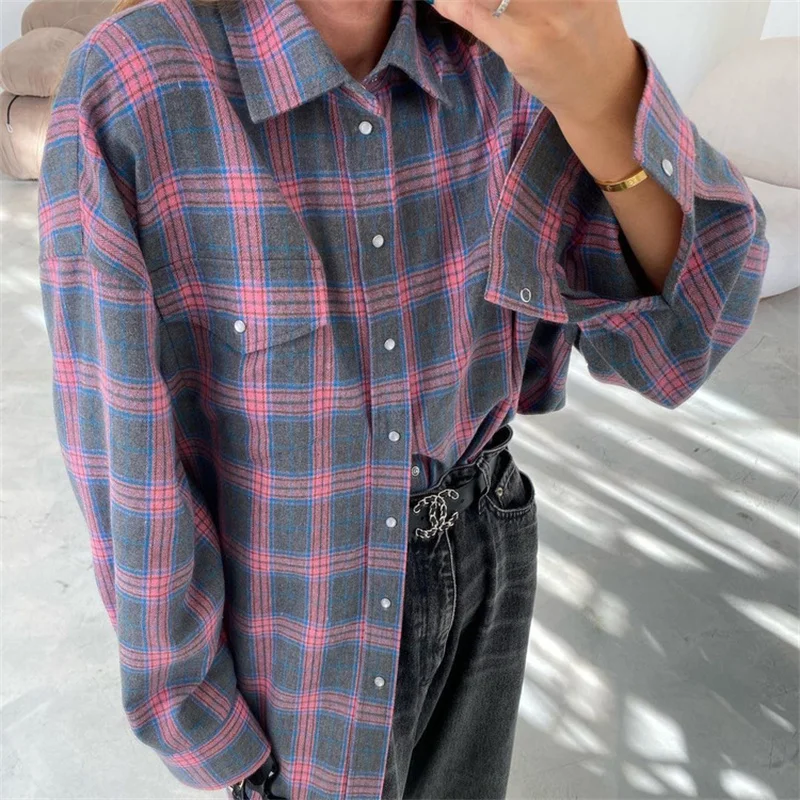 Vintage Plaid Blouse Women Spring Summer Korean Pocket Long Sleeve Lapel Shirt Fashion Streetwear Y2K Clothes 2026 Oversize Tops
