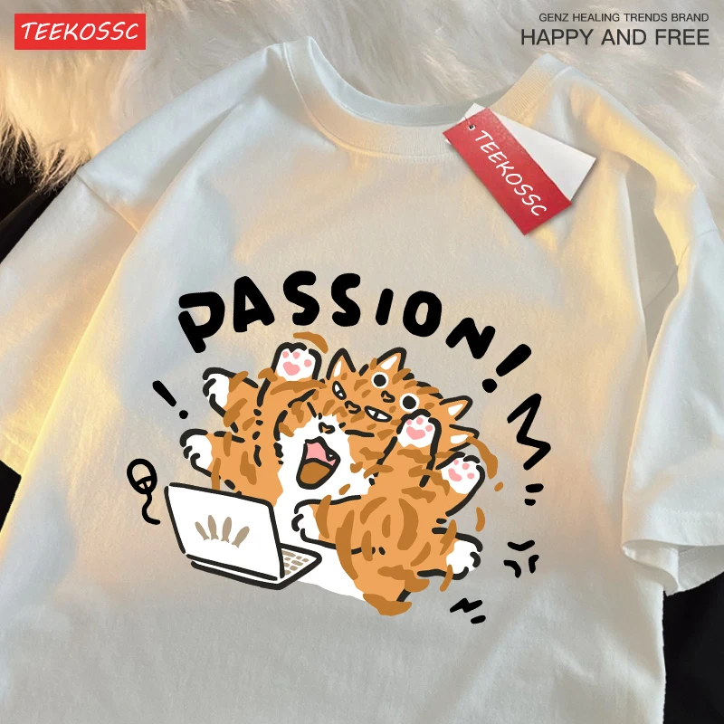 A Little Orange Cat Who Loves Work Printing Mens T Shirts Cotton All-Match T Shirt Comfortable Streetwear Unisex Soft Clothes