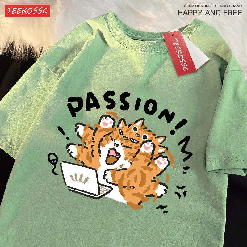 A Little Orange Cat Who Loves Work Printing Mens T Shirts Cotton All-Match T Shirt Comfortable Streetwear Unisex Soft Clothes