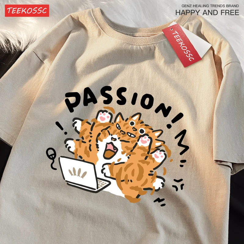 A Little Orange Cat Who Loves Work Printing Mens T Shirts Cotton All-Match T Shirt Comfortable Streetwear Unisex Soft Clothes
