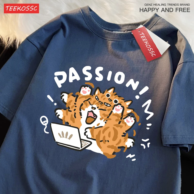 A Little Orange Cat Who Loves Work Printing Mens T Shirts Cotton All-Match T Shirt Comfortable Streetwear Unisex Soft Clothes