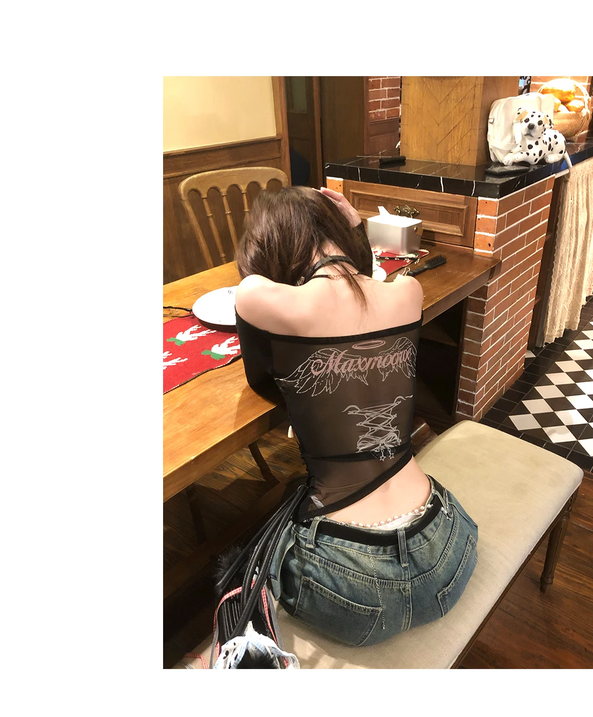 Tonngirls Backless Graphic T Shirts 2000s Japanese Y2k Long Sleeve Skinny Off Shoulder Crop Tops Gothic Print Gaphic Tops Tee