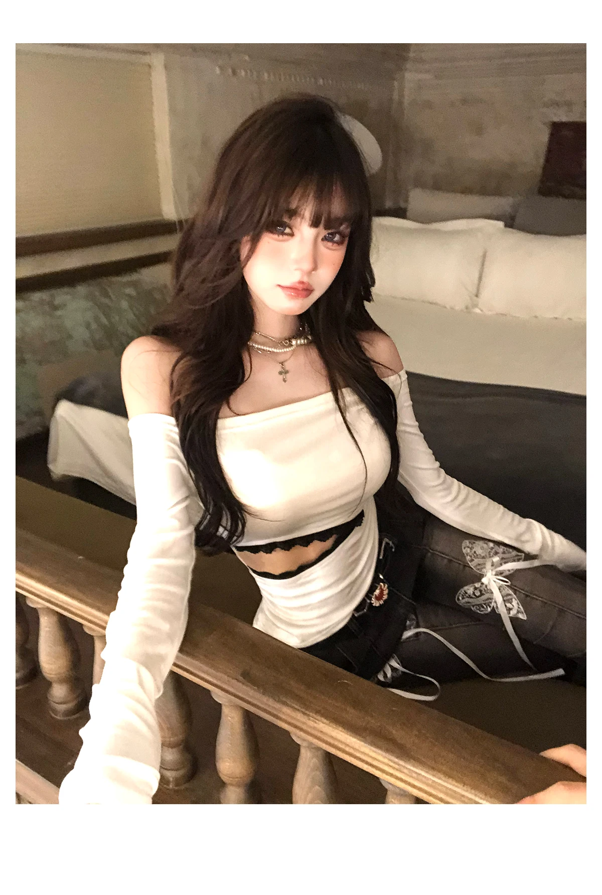 Tonngirls Backless Graphic T Shirts 2000s Japanese Y2k Long Sleeve Skinny Off Shoulder Crop Tops Gothic Print Gaphic Tops Tee