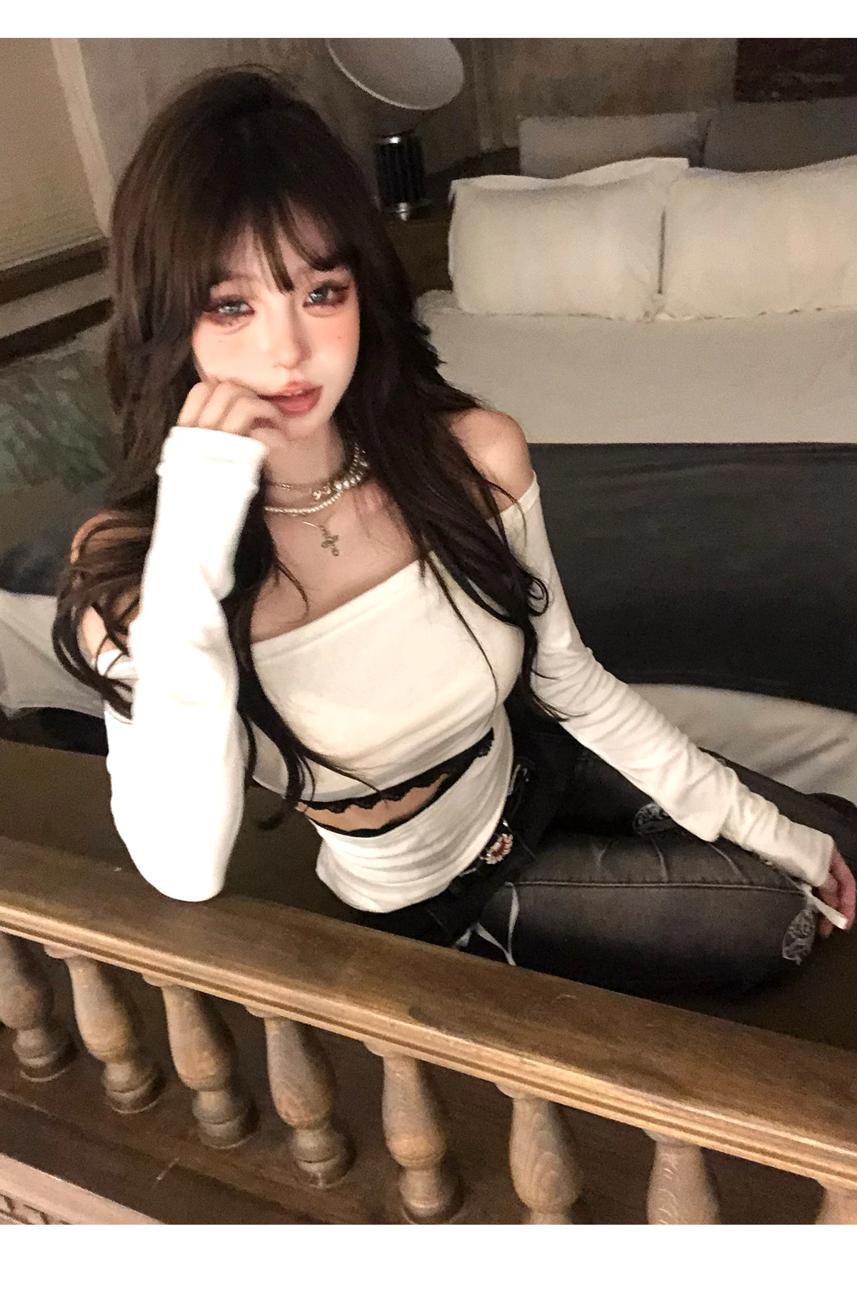 Tonngirls Backless Graphic T Shirts 2000s Japanese Y2k Long Sleeve Skinny Off Shoulder Crop Tops Gothic Print Gaphic Tops Tee