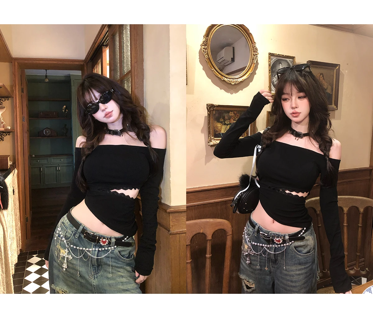 Tonngirls Backless Graphic T Shirts 2000s Japanese Y2k Long Sleeve Skinny Off Shoulder Crop Tops Gothic Print Gaphic Tops Tee