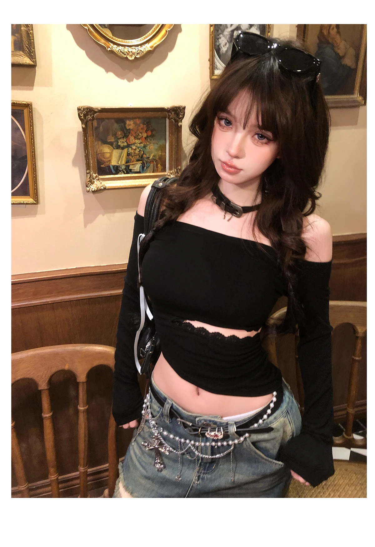 Tonngirls Backless Graphic T Shirts 2000s Japanese Y2k Long Sleeve Skinny Off Shoulder Crop Tops Gothic Print Gaphic Tops Tee