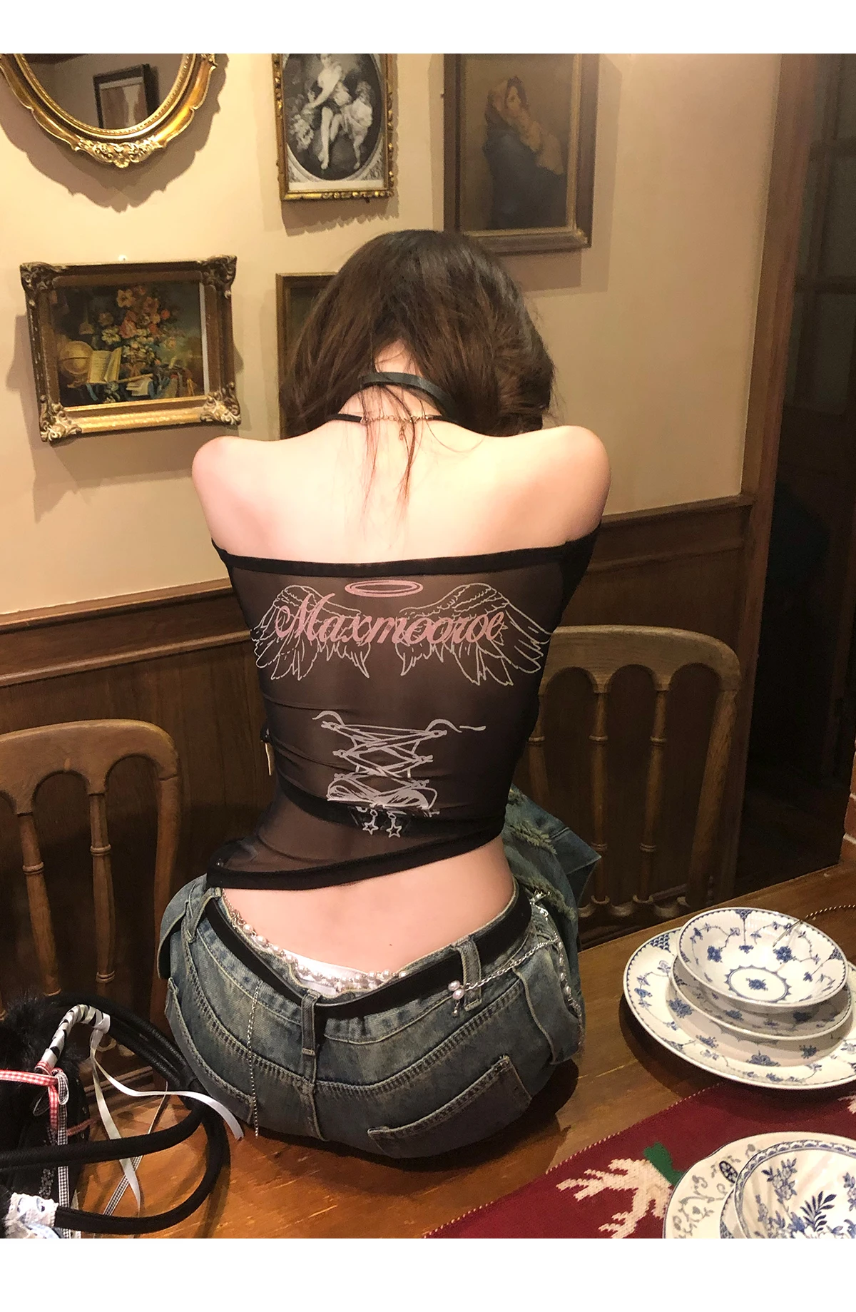 Tonngirls Backless Graphic T Shirts 2000s Japanese Y2k Long Sleeve Skinny Off Shoulder Crop Tops Gothic Print Gaphic Tops Tee