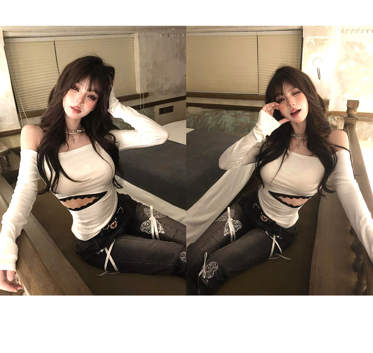Tonngirls Backless Graphic T Shirts 2000s Japanese Y2k Long Sleeve Skinny Off Shoulder Crop Tops Gothic Print Gaphic Tops Tee