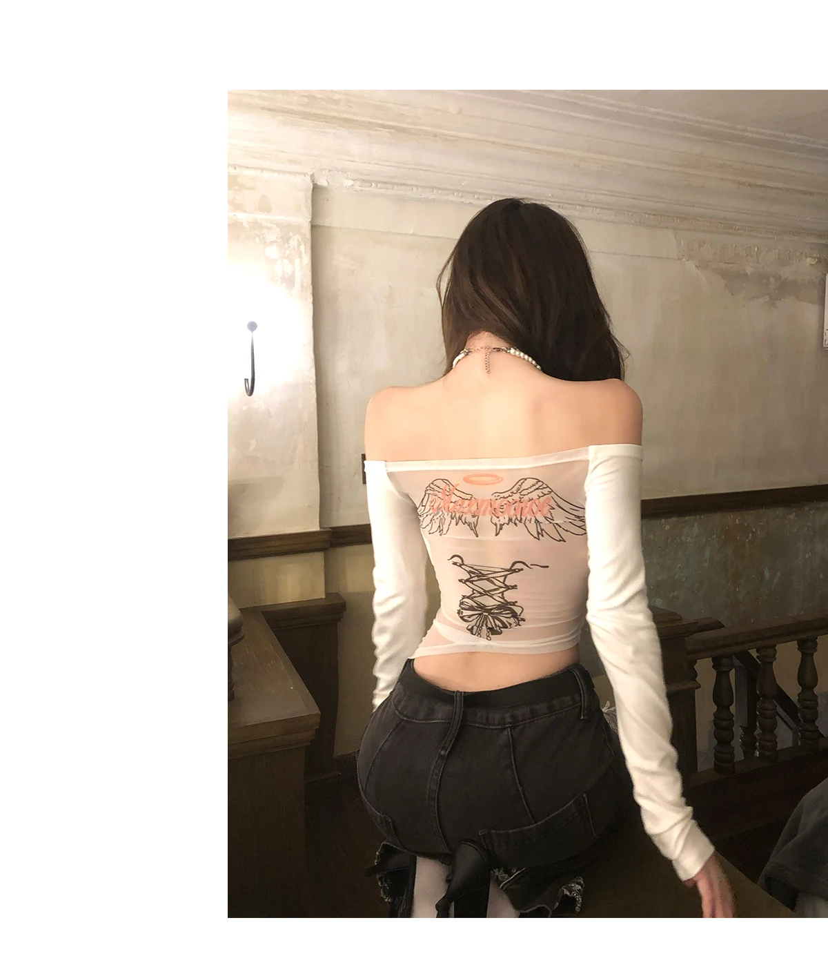 Tonngirls Backless Graphic T Shirts 2000s Japanese Y2k Long Sleeve Skinny Off Shoulder Crop Tops Gothic Print Gaphic Tops Tee