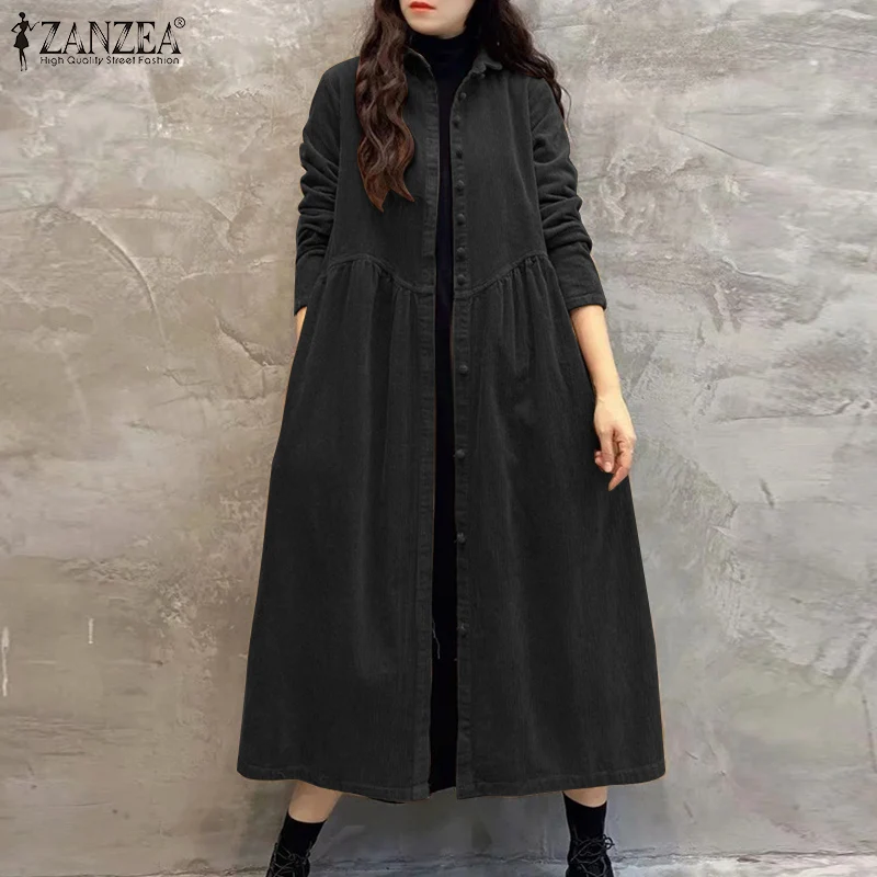 Women Autumn Corduroy Dress ZANZEA Casual Long Sleeve Buttons Up Sundress Solid Loose Holiday Vestido Kaftan Vintage Shirt Dress